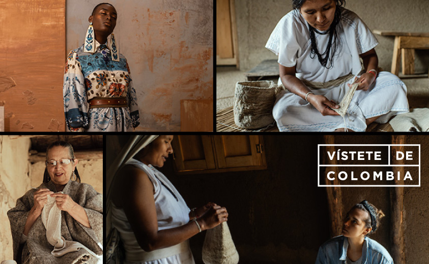 Imagen ilustrativa de vístete de colombia con fotografías de tres artesanos, una diseñadora y una modelo