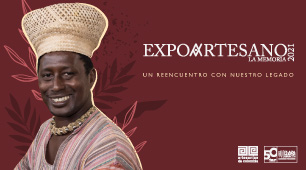 Imagen ilustrativa de la feria Expoartesano La Memoria 2021, que muestra a un artesano sonriendo, los logos de Artesanías de Colombia, Plaza Mayor de Medellín y Expoartesano.