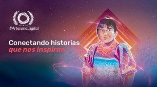 Imagen promocional del evento de cierre #ArtesanoDigital 2021 con una ilustración de una indígena gunadule, el logo de los Premios #ArtesanoDigital y el slogan: Conectando historias que nos inspiran