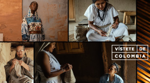 Imagen ilustrativa de vístete de colombia con fotografías de tres artesanos, una diseñadora y una modelo