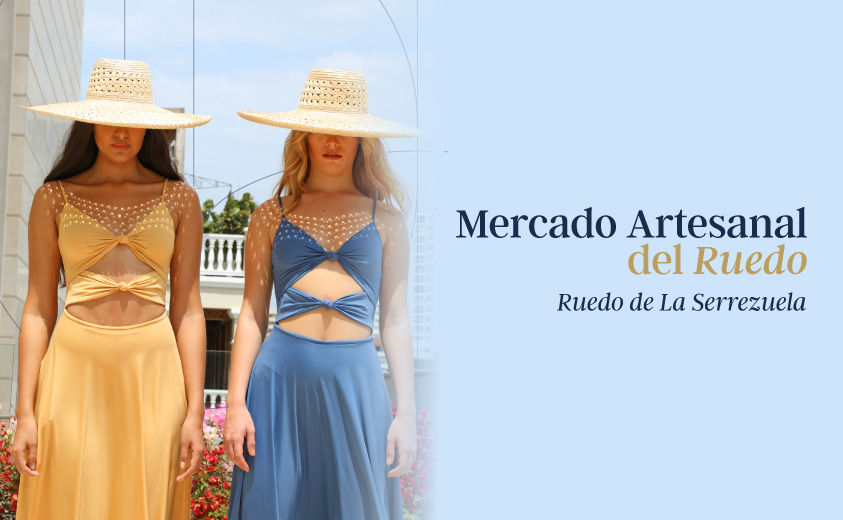 Foto de dos modelos luciendo sombreros y promocionando el Mercado Artesanal del Ruedo en Cartagena
