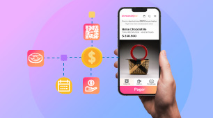 Imagen de un celular con un bolso artesanal en la pantalla y distintos métodos de pago en línea