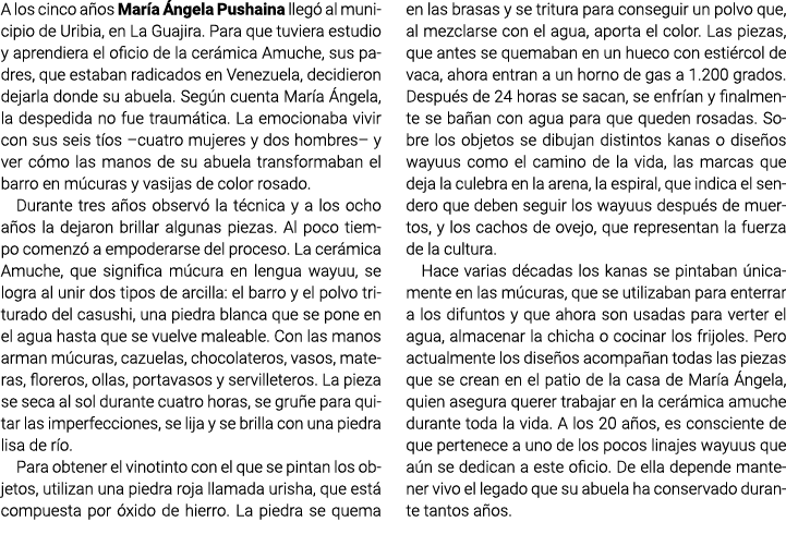 A los cinco años María Ángela Pushaina llegó al municipio de Uribia, en La Guajira. Para que tuviera estudio y aprend...